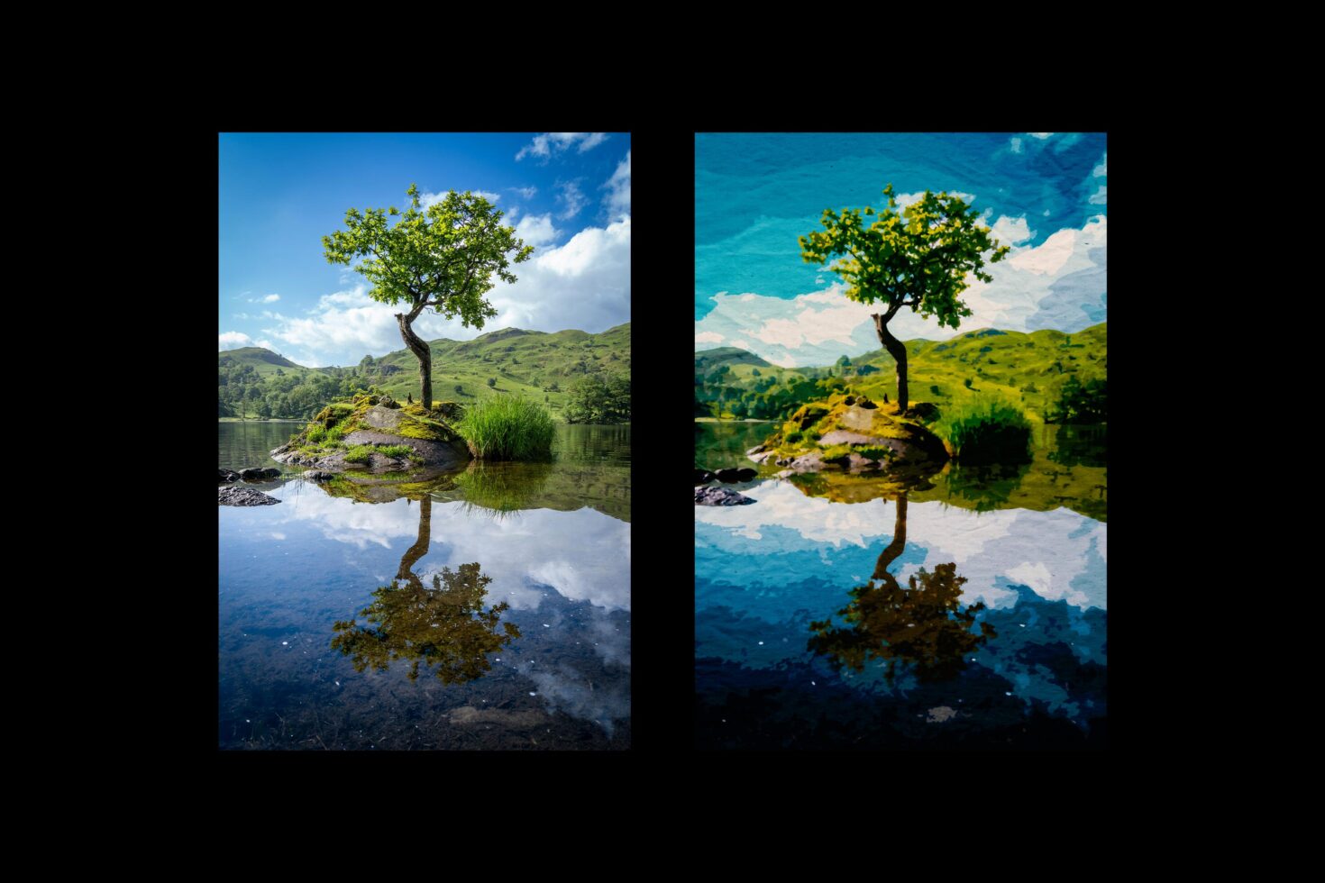 Landscape photo and watercolor effect side by side featuring a lone tree on a small island in a lake with mountains and clouds; perfect for graphics templates.