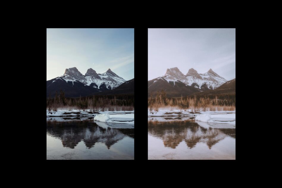 Before after comparison of snowy mountain lake with different color grading applied