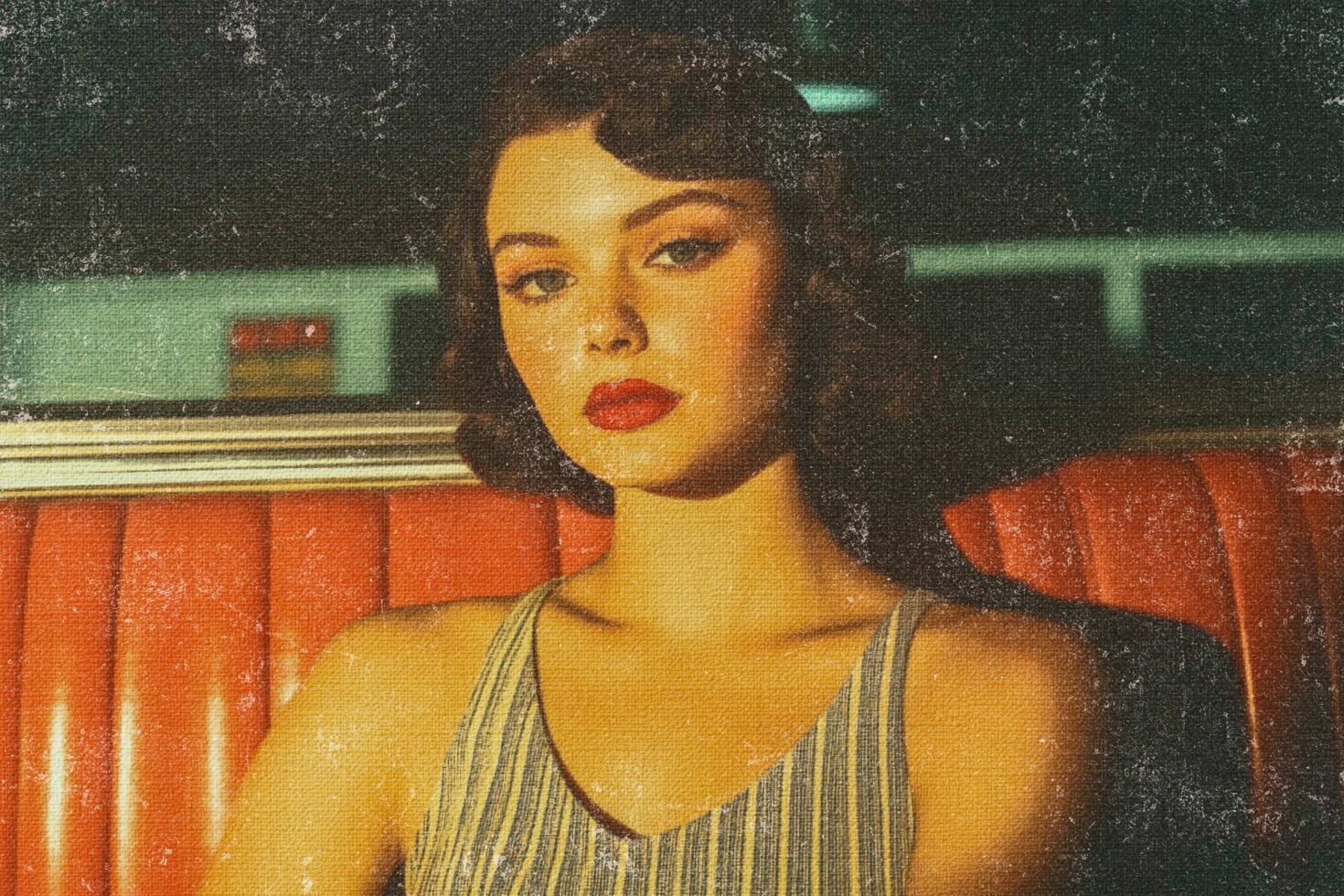 Retro photo of a woman with vintage style, textured effect, seated on red diner booth. Perfect for design mockups, graphics, nostalgic templates.