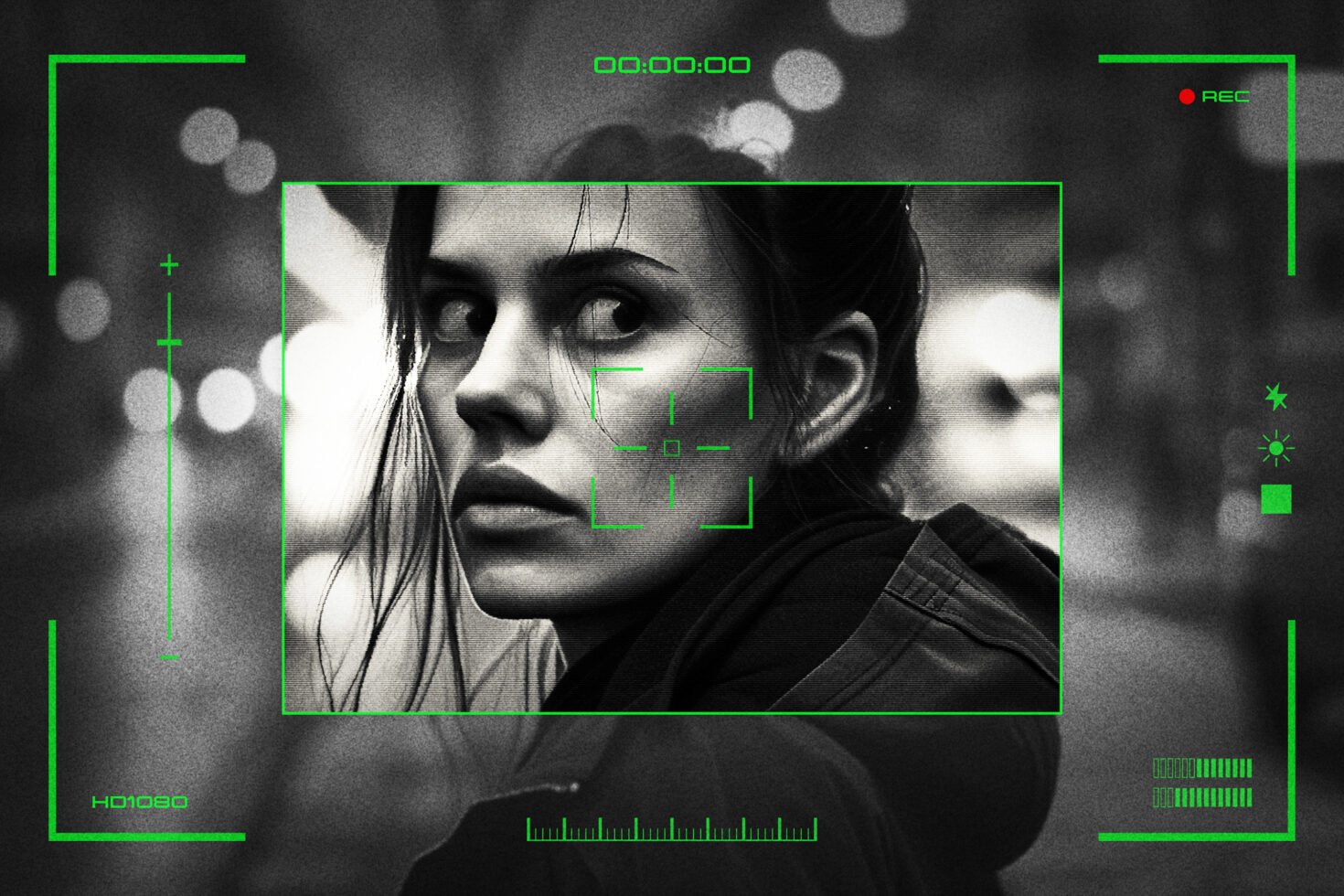 Black and white image of a woman with digital surveillance overlay. Sci-fi graphics, futuristic theme, tech interface, digital design asset, designer tool.
