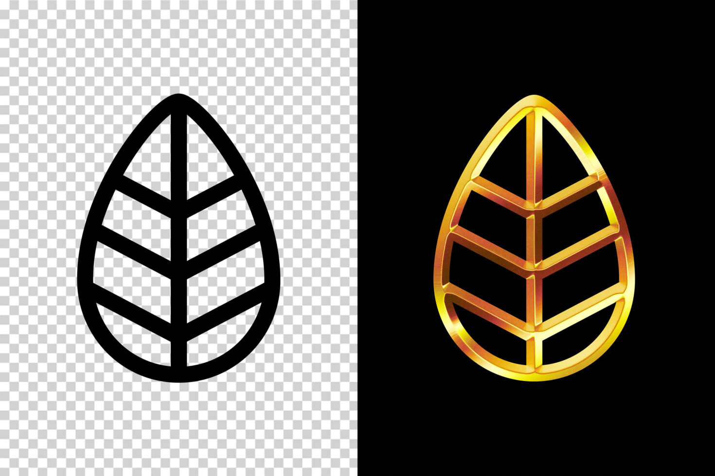 Black and gold leaf icons on black and transparent backgrounds, vector graphics, perfect for branding, web design, logo creation, digital assets.