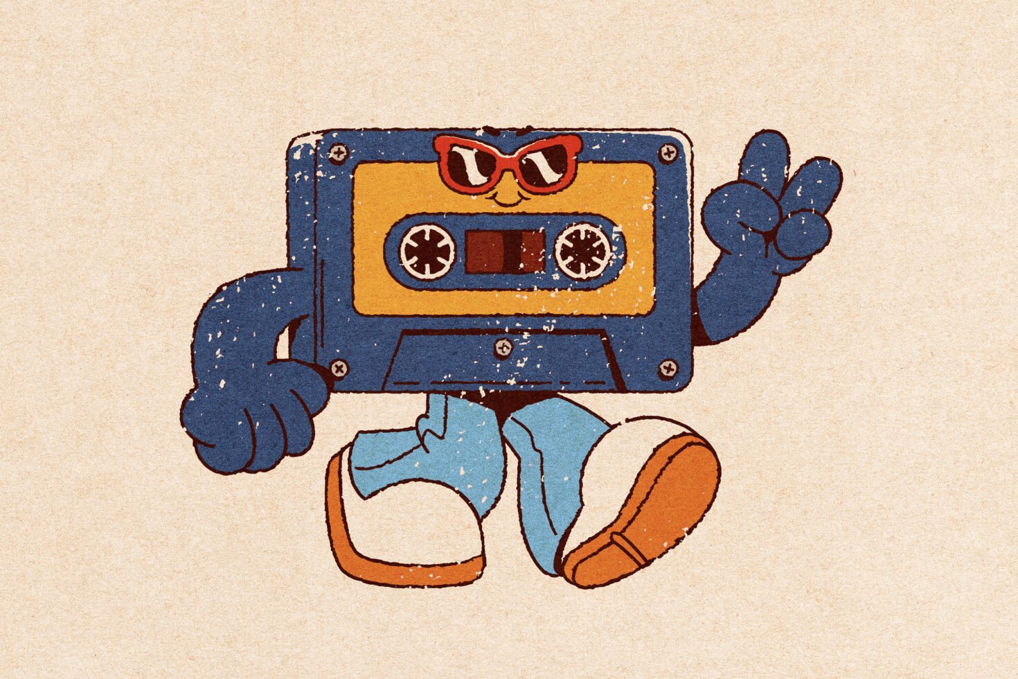Retro cassette cartoon character wearing glasses with peace sign vibrant colors vintage illustration perfect for graphics retro design assets.