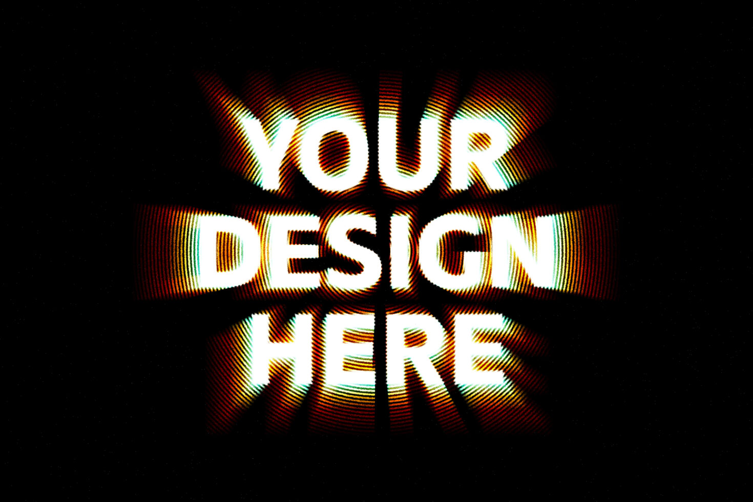 Bold text mockup with Your Design Here overlay. Vivid colors and beam effect create a dynamic visual suitable for graphic templates for designers.