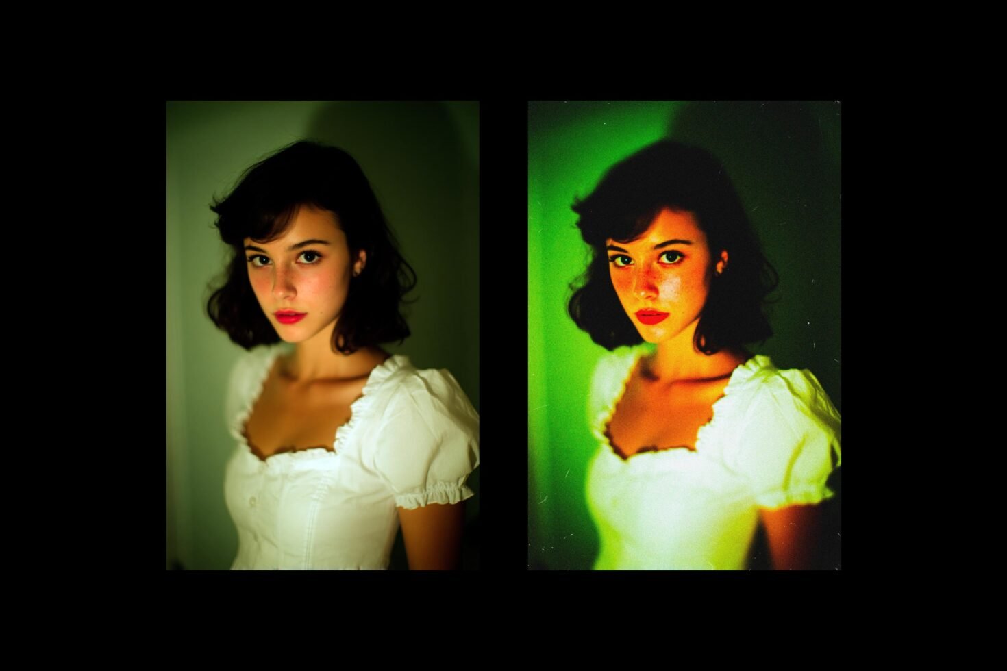 Portrait in white dress with dual lighting, green and neutral tones, ideal for graphics, photography mockups, digital design, creative projects.
