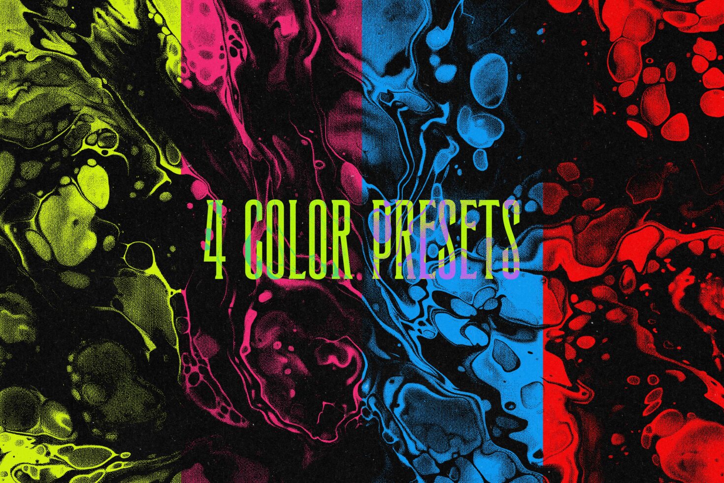 Vibrant digital graphic showcasing four distinct color presets with abstract textures in neon green, magenta, blue, and red. Perfect for design projects.