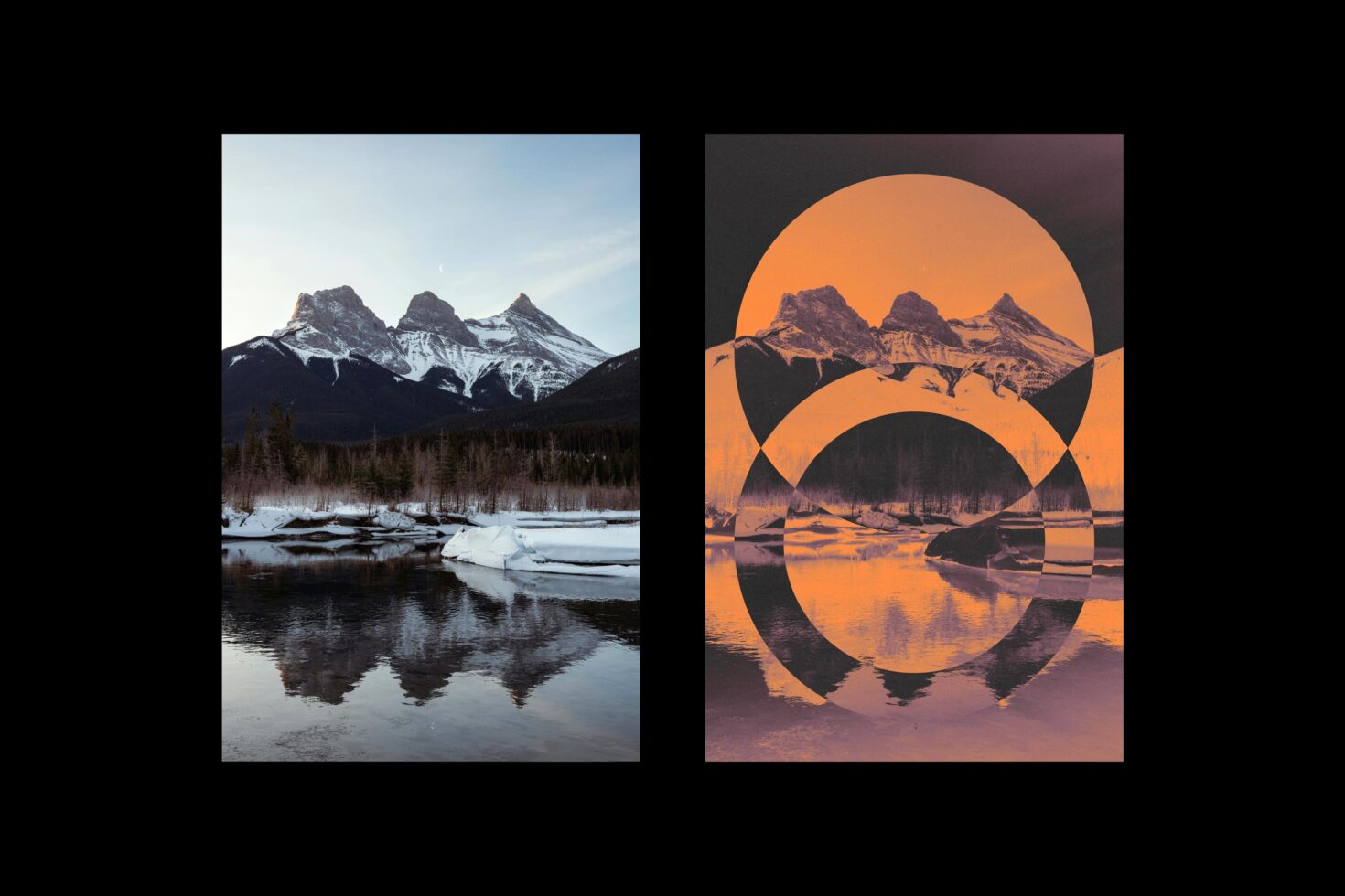 Dual mountain landscapes showcasing creative graphic design. One natural, one abstract with geometric circles. Ideal for mockups or graphic inspiration.