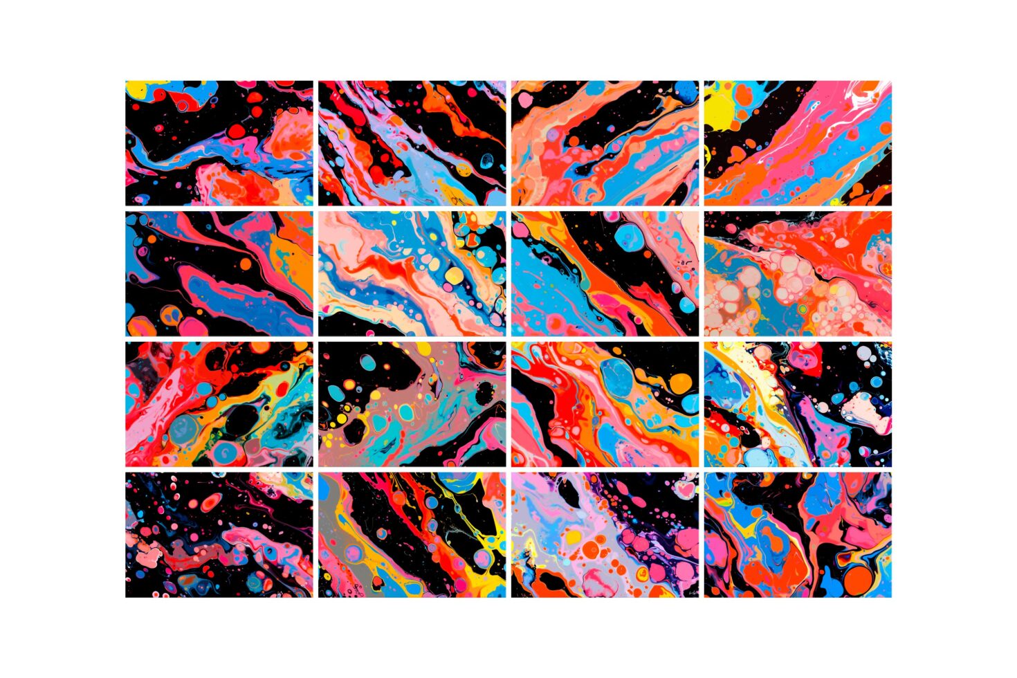 Vibrant abstract liquid art collage with multicolor swirls and bubbles ideal for digital assets, graphic design, and creative templates.