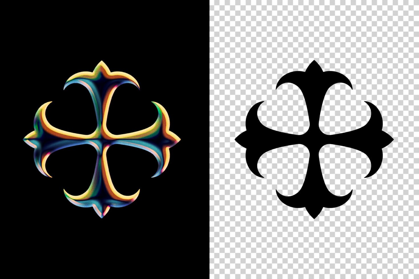 Abstract floral logo graphic illustration left vibrant black background right silhouette transparent background ideal for design mockups templates.