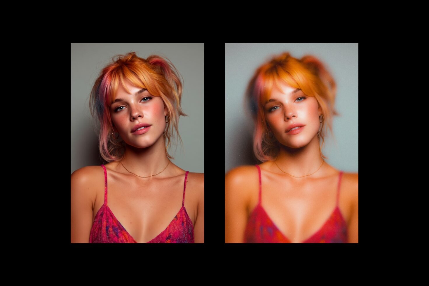 Split portrait image of a woman with colorful hair in a pink dress; left side clear, right side blurred; ideal for templates, graphics, photo editing mockups.