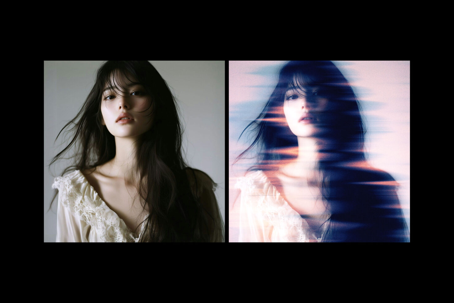 Portrait diptych featuring woman with long hair; left shows natural look right shows blurred motion effect; perfect for photo editing mockups