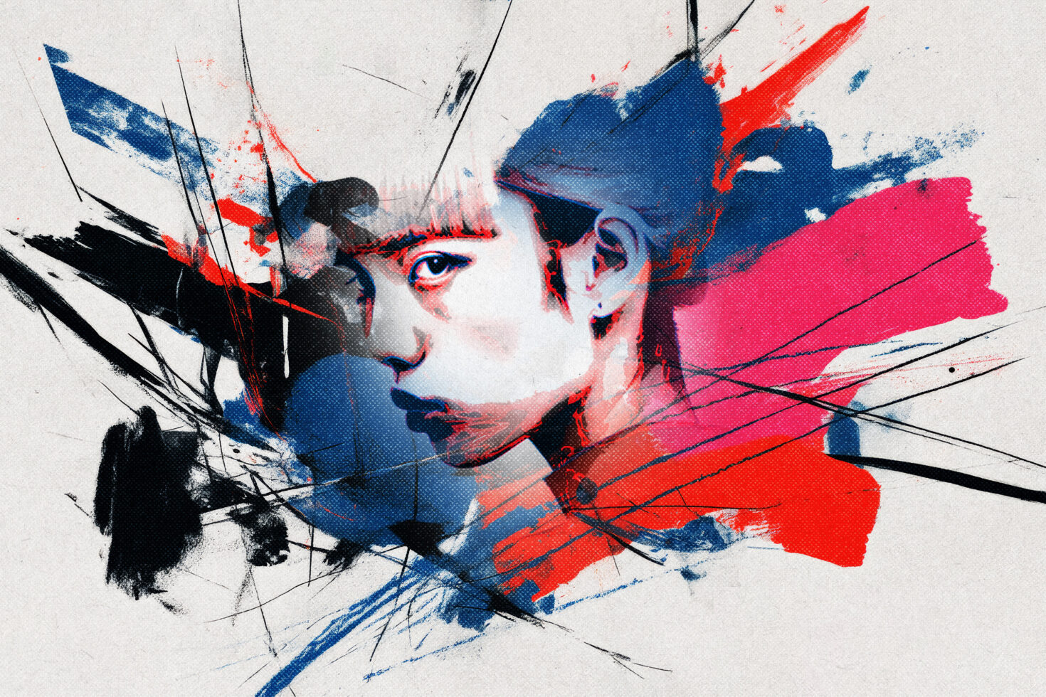 Abstract portrait illustration with vibrant colors and bold brush strokes blending blue, red, and black, ideal for graphic design and digital art.