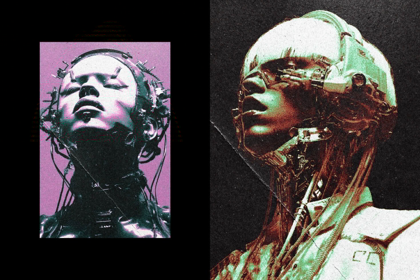 Futuristic cyberpunk artwork showcasing a digital human-like figure with mechanical enhancements. Perfect for sci-fi design projects digital art and graphics.