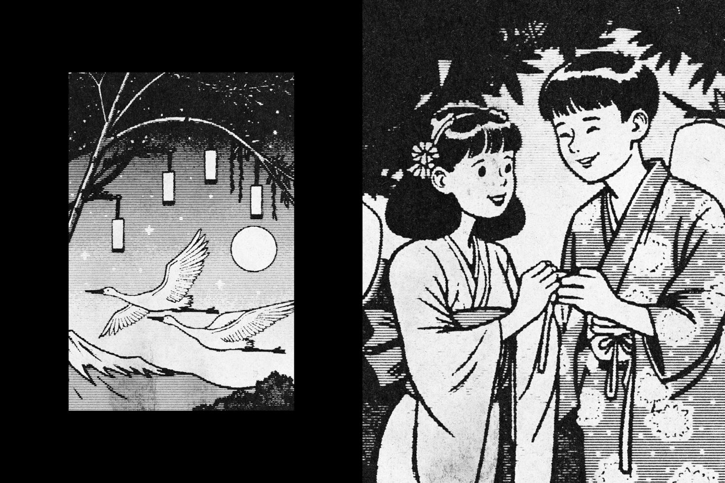Vintage black and white illustration featuring a couple in traditional attire with cranes and lanterns. Ideal for graphic design assets and templates.