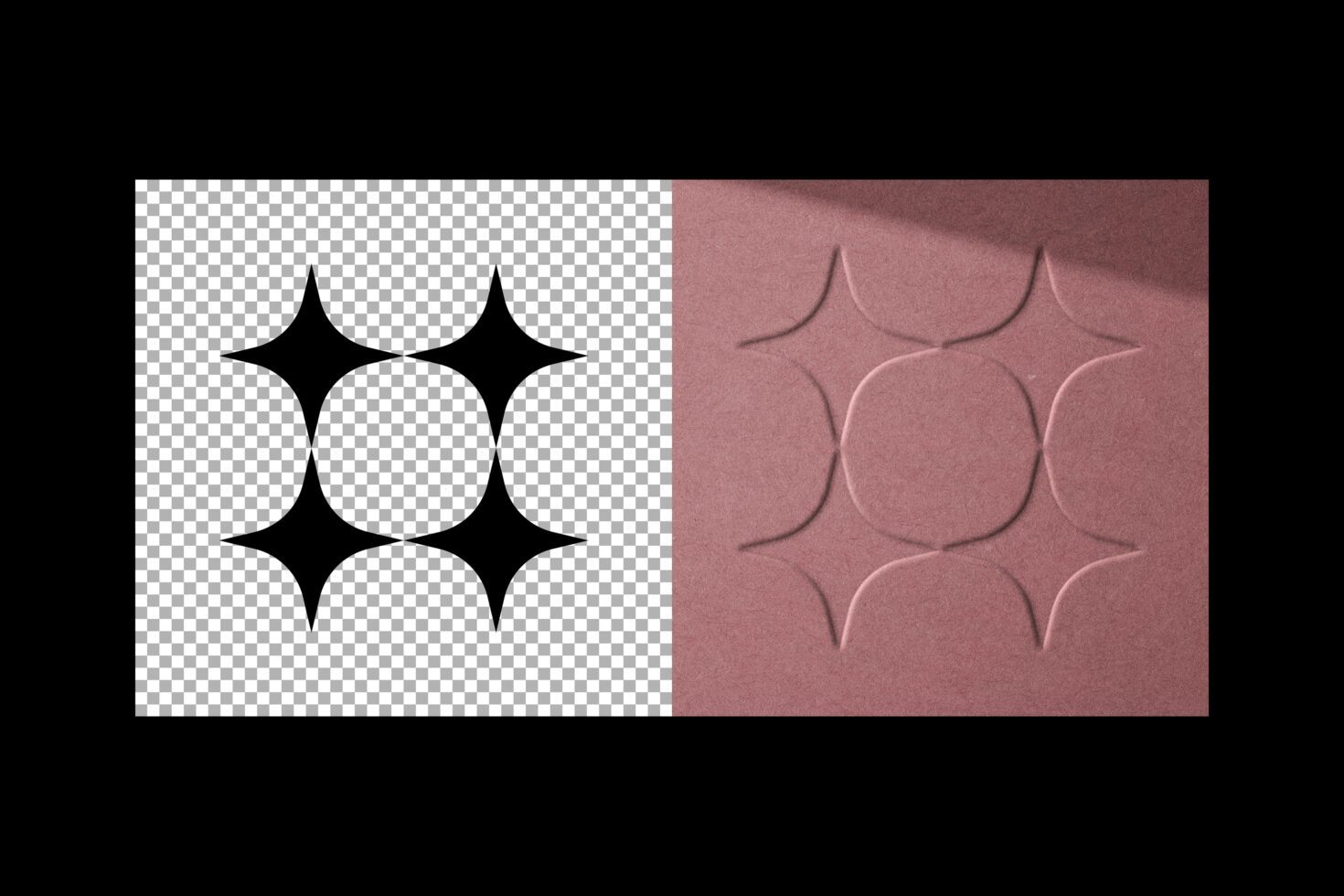Dynamic mockup showcasing black geometric logo on transparent background and embossed on pink paper. Ideal for designers. Perfect for branding projects.