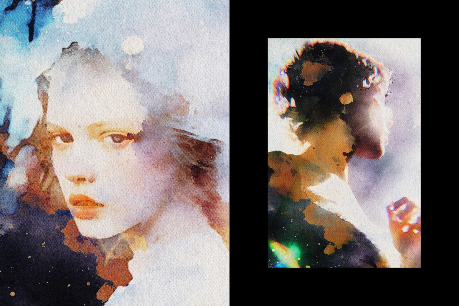 Watercolor portrait illustrations set, featuring abstract textures and vibrant colors. Perfect for creative graphics, design templates, and artistic mockups.