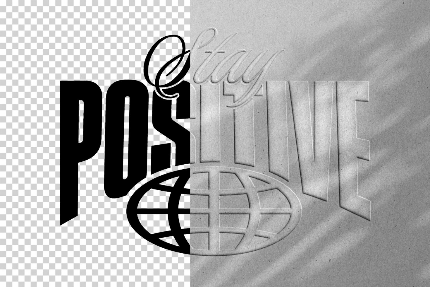 Black and white typography graphic with Stay Positive text overlaid on half transparent background ideal for design templates and mockups.