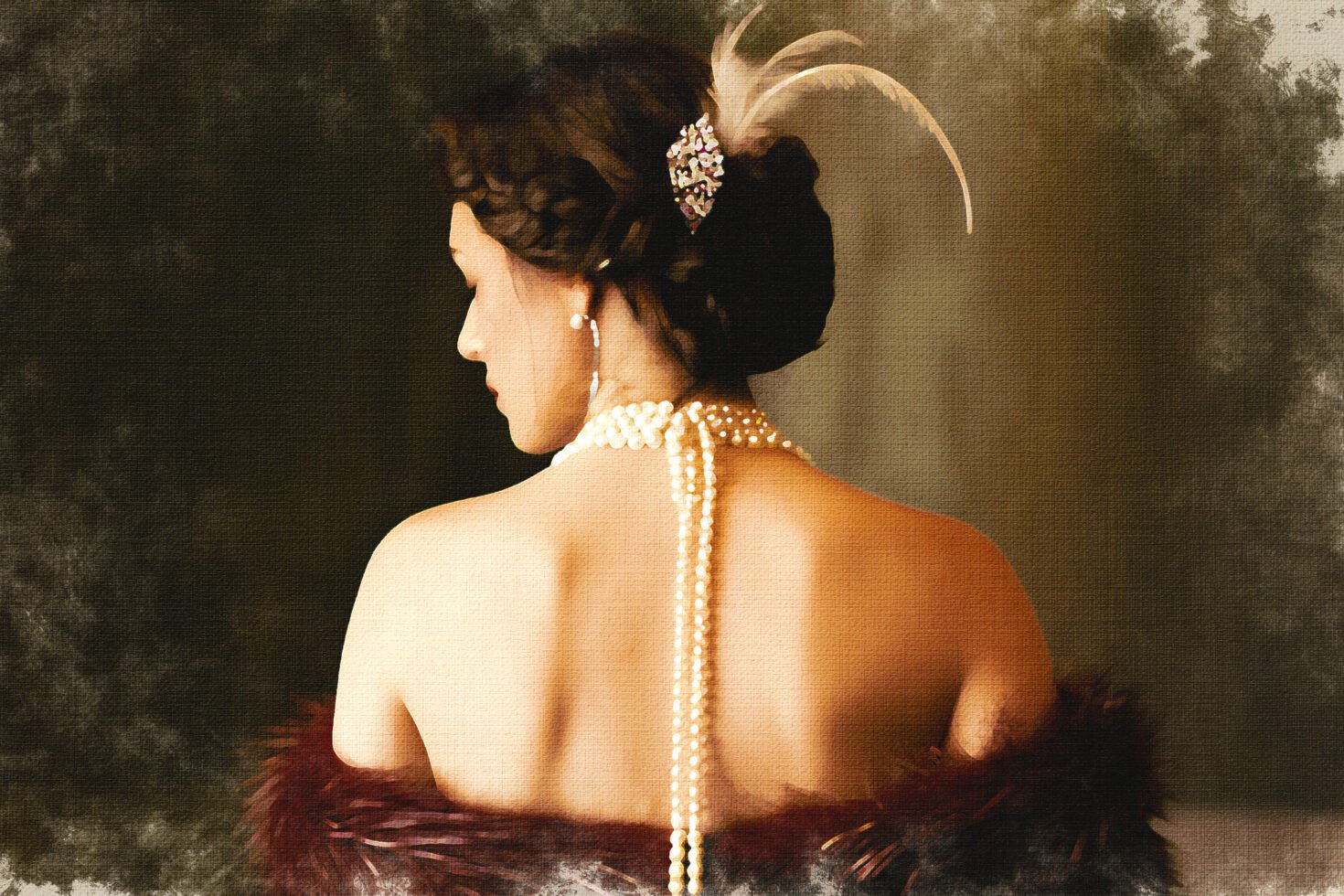 Artistic portrait of a woman in vintage attire with pearls and feather, digital painting style, ideal for design assets, mockups, and graphics for designers.