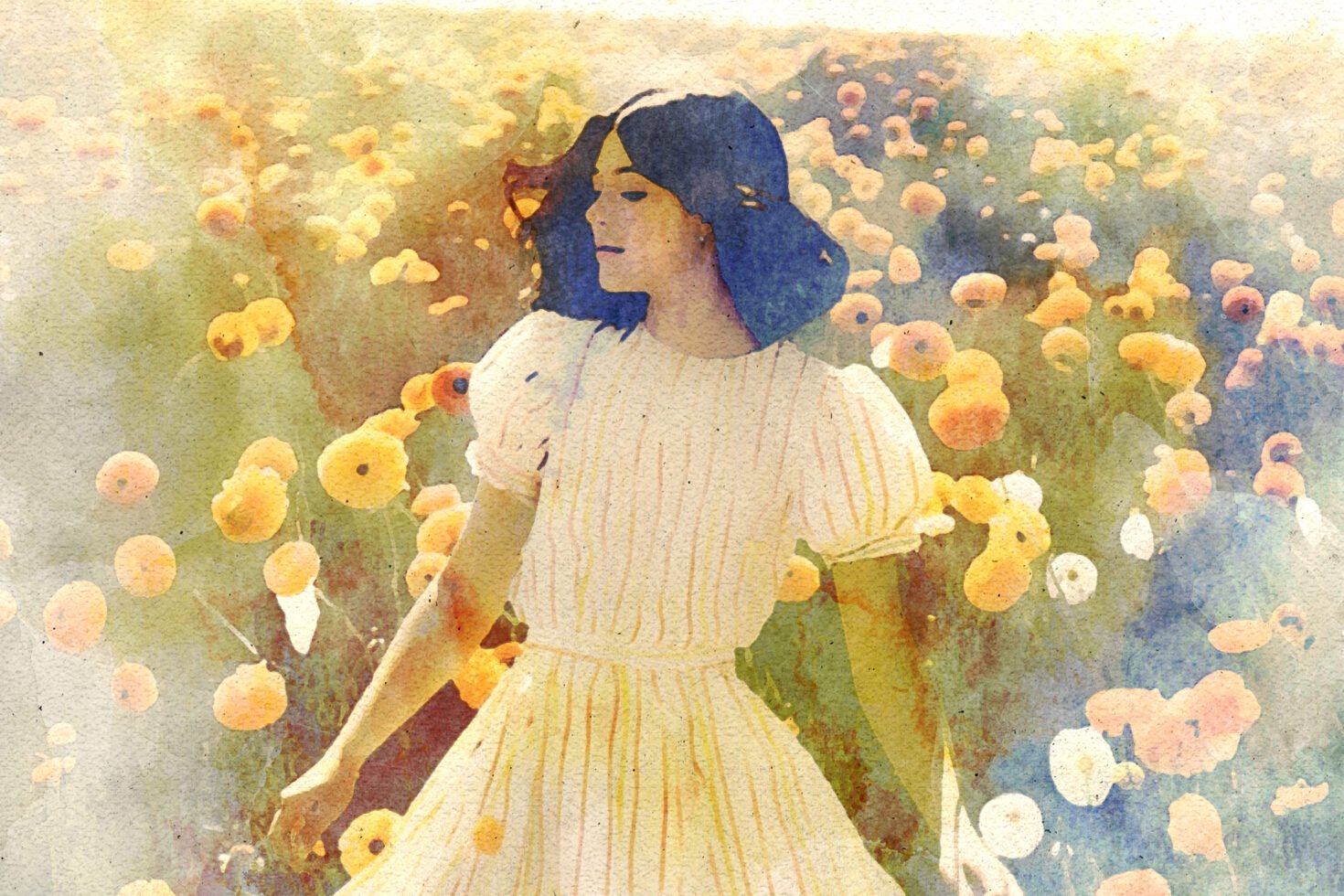 Watercolor woman in field of yellow flowers dreamy art illustration digital asset design template ideal for mockups graphics designers.