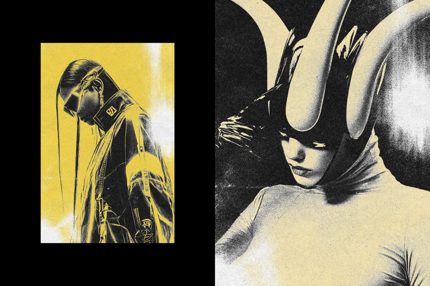 Retro futuristic character designs in bold yellow and black tones textured effect ideal for digital assets mockups graphics templates for designers