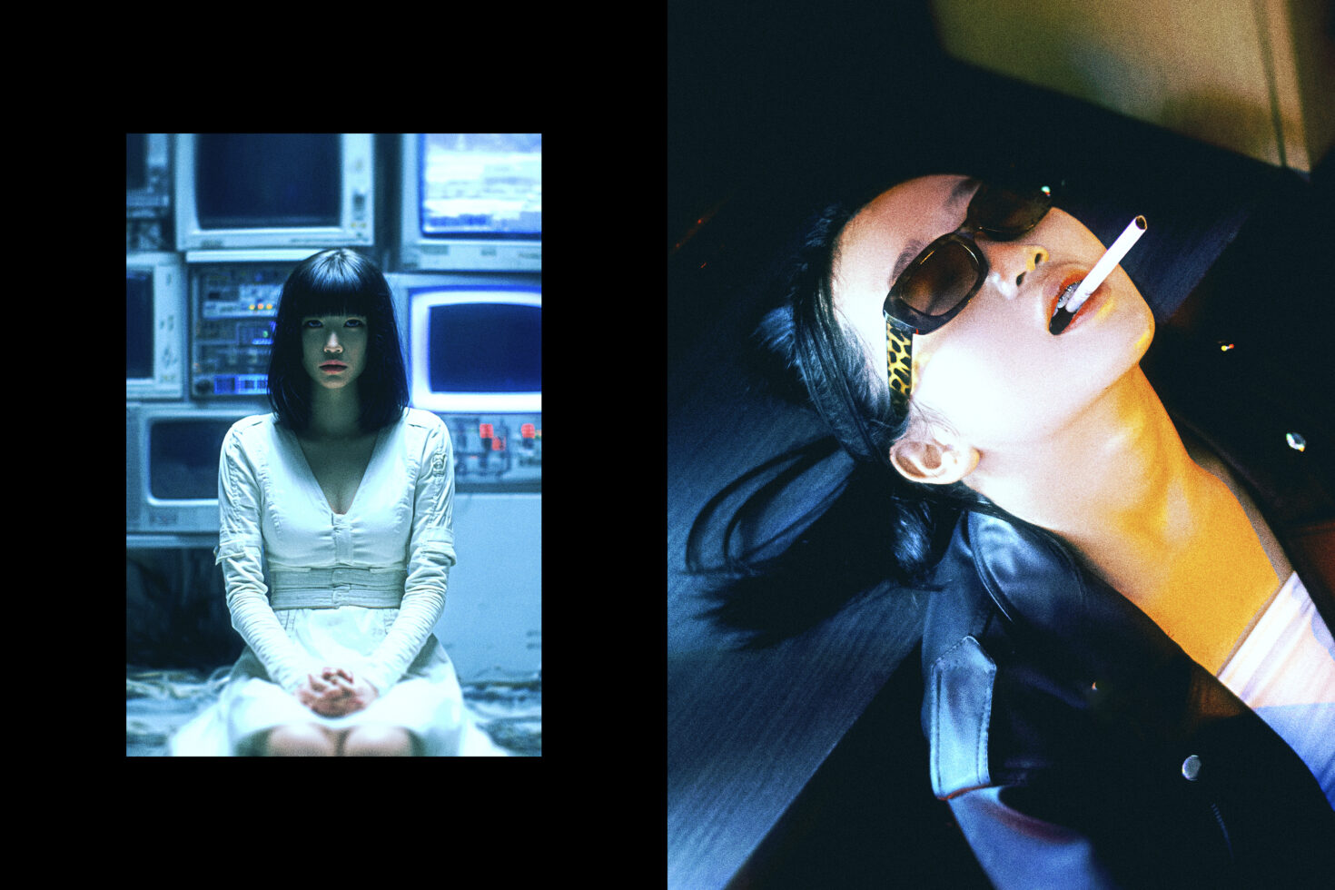 Dual portrait collage, cyberpunk aesthetic, woman with computers, stylish woman with cigarette, vibrant colors, digital art resource for designers.