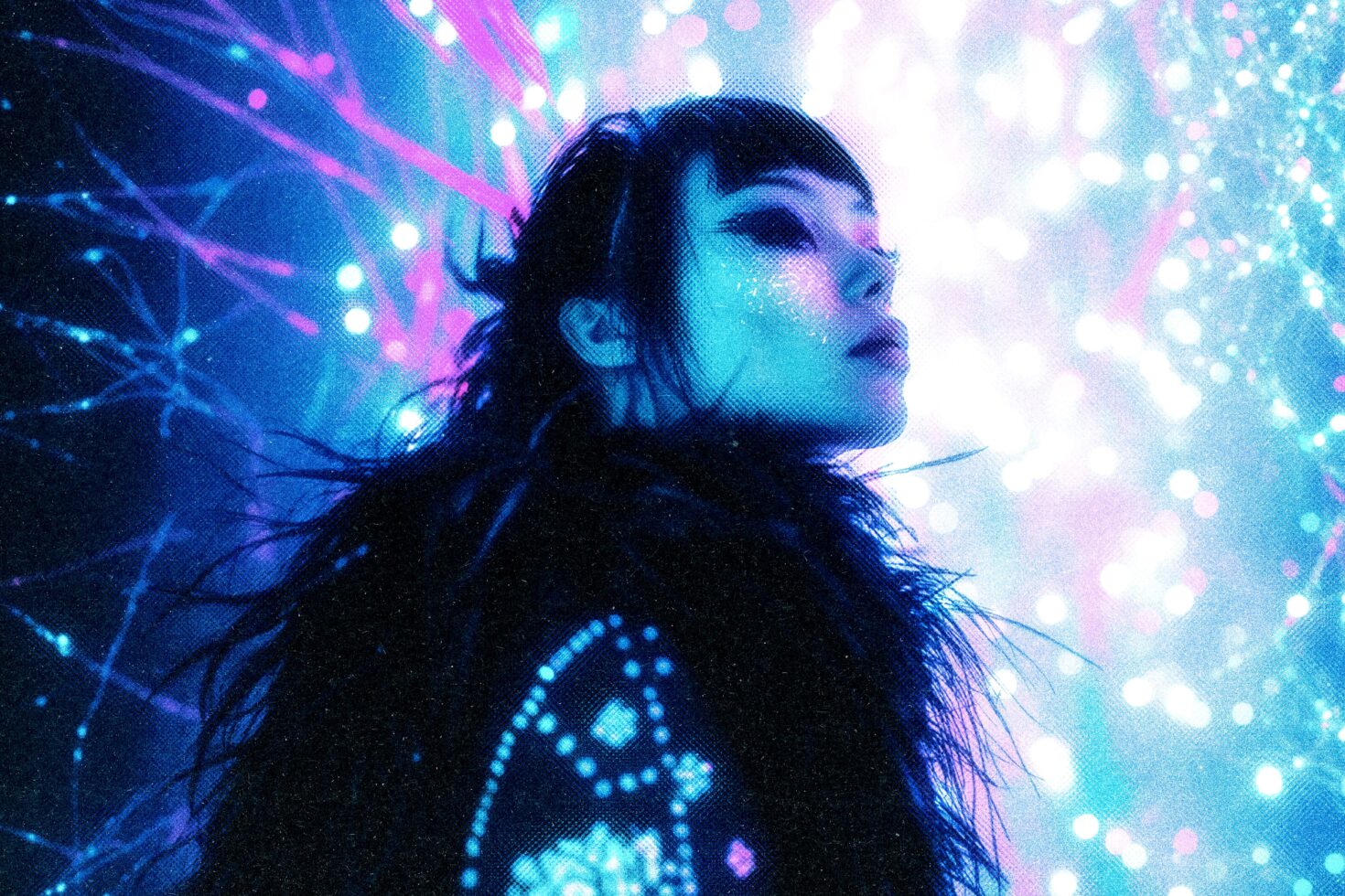Futuristic portrait with vibrant neon lights and digital effects suitable for graphic design, templates, mockups, ideal for creative projects.