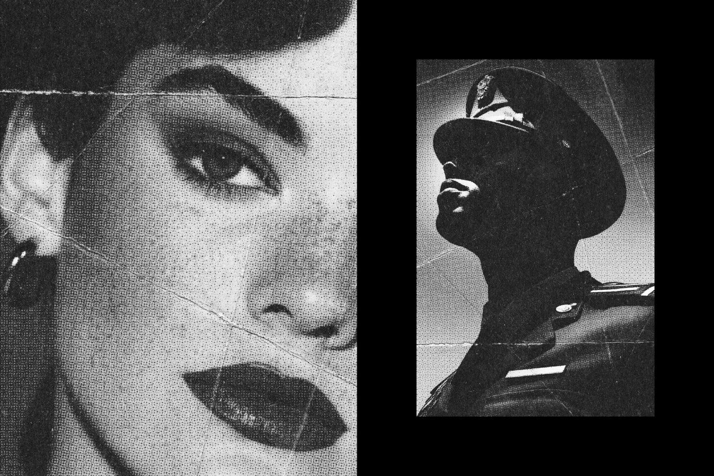Vintage collage texture featuring half face of a woman and silhouette of a uniformed man. Black and white aesthetic. Perfect for graphic design or templates.