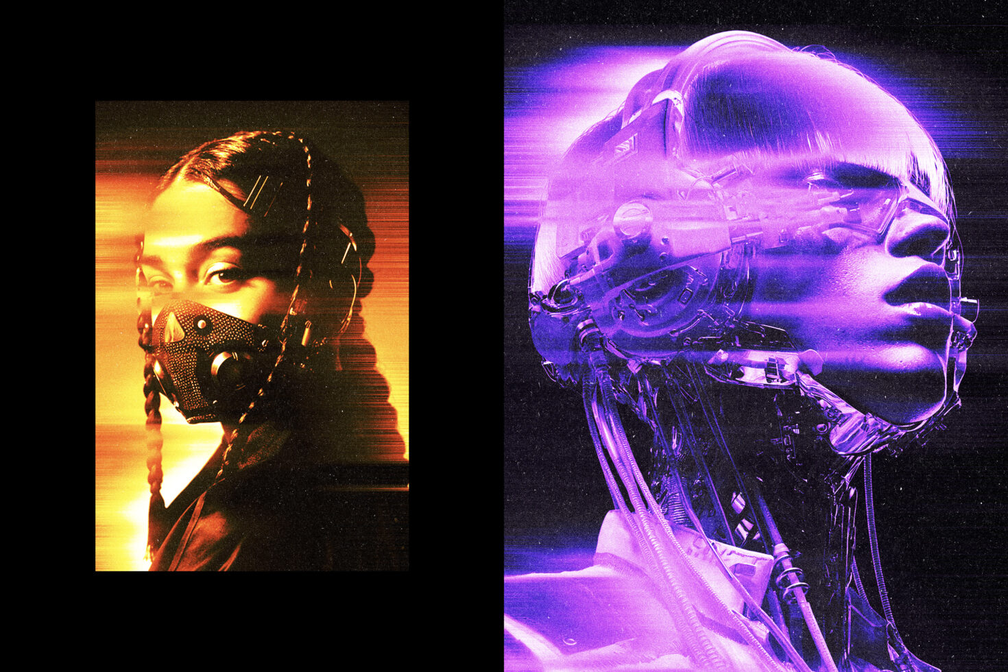 Futuristic cyberpunk art depicting a female with tech mask and a robotic head in vibrant orange and purple hues. Perfect for graphic design inspiration.