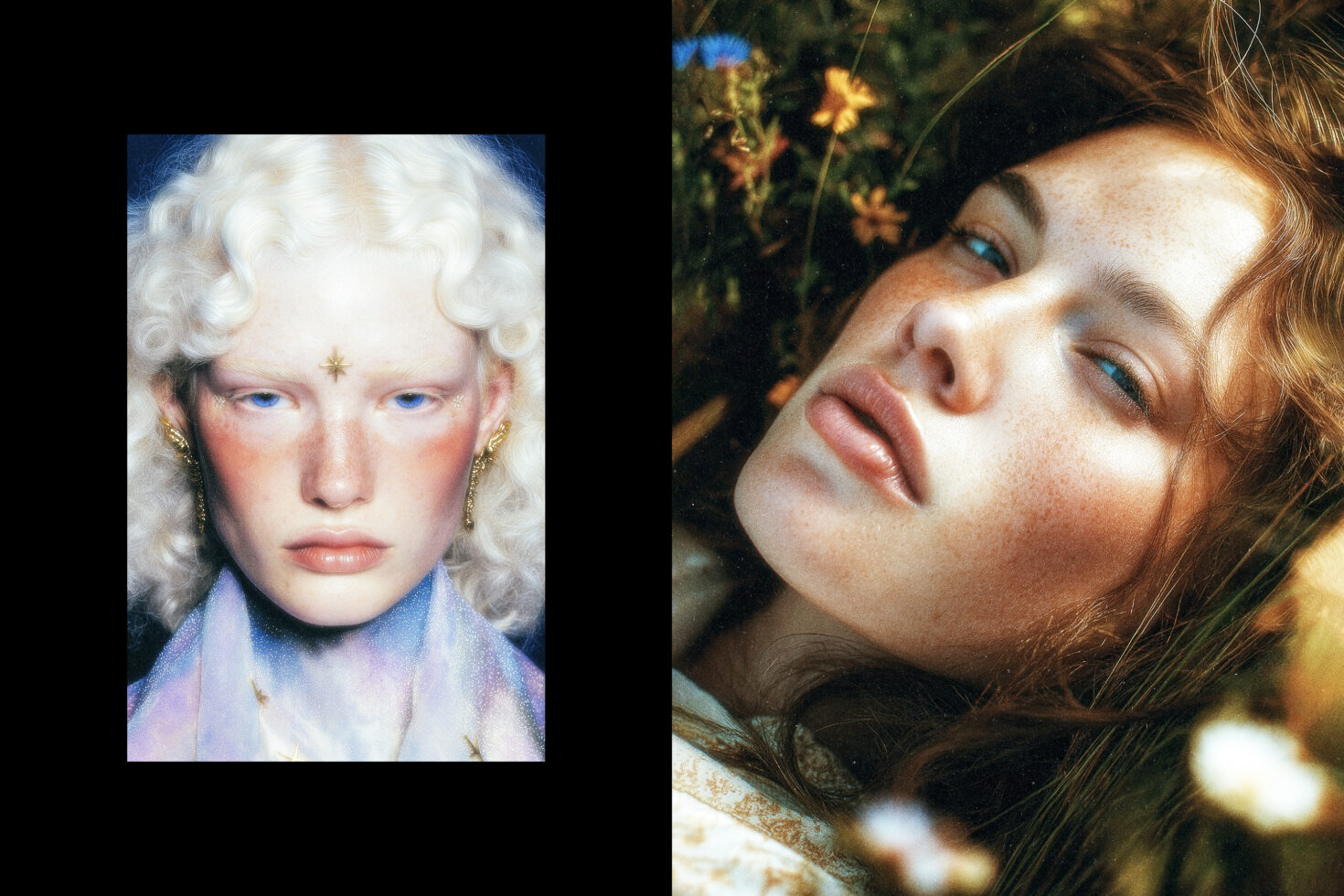 Vibrant dual portrait with ethereal and natural themes, featuring close-up shots. Ideal for graphics, designer inspiration, and beauty aesthetics.