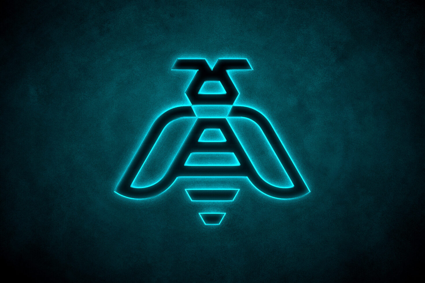 Neon bee logo graphic with glowing cyan lines on a textured dark background ideal for branding projects and digital design mockups.
