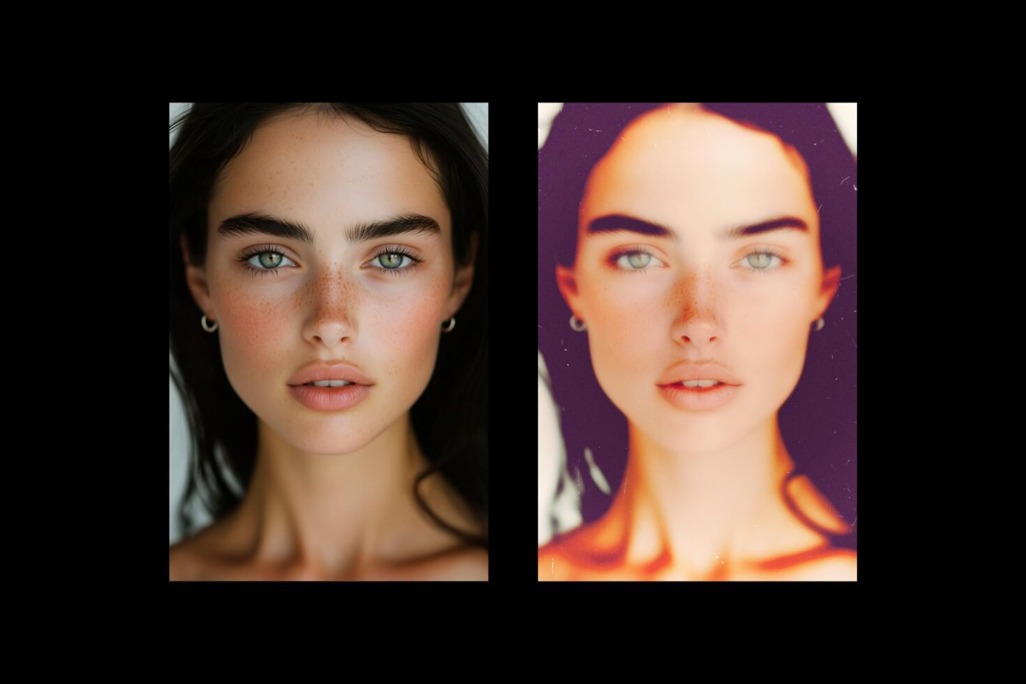 Photo comparison of a woman with natural and stylized effects ideal for graphic design templates digital mockups and creative projects SEO keywords.