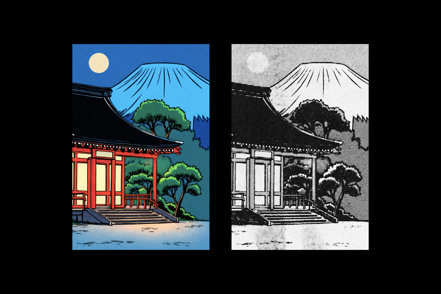 Japanese temple with Mount Fuji background art in color and monochrome styles. Ideal for graphic design templates and cultural mockups.