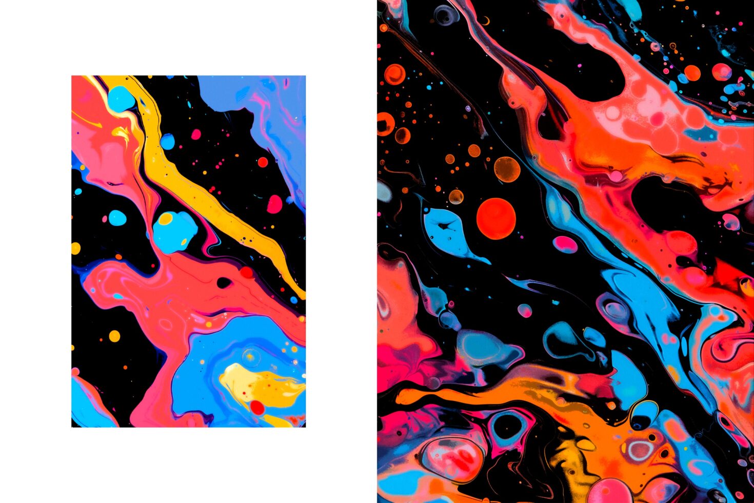 Abstract fluid art design featuring vibrant orange, blue, yellow splashes and swirls on a dark background perfect for digital graphics and design assets.