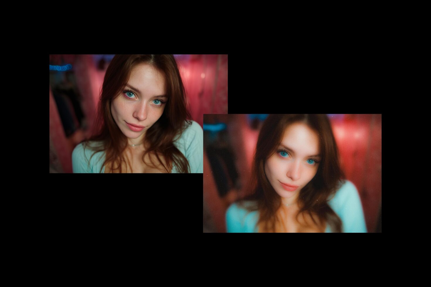 Portrait of a woman with blue eyes and brown hair, wearing a pale top. Warm lighting creates a soft ambiance. Ideal for design templates and graphics.
