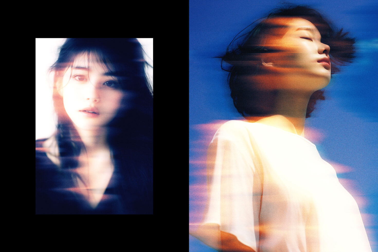 Blurred artistic portrait of a woman in a white shirt with colorful light streaks, perfect for graphics or moodboard templates. Creative photo effect.
