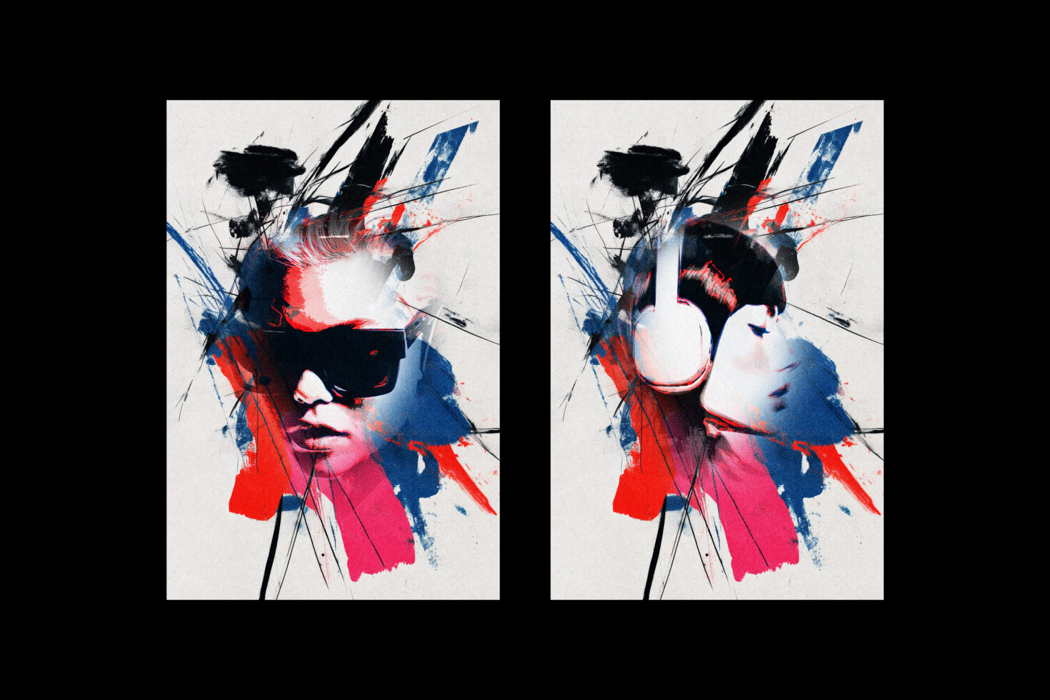 Colorful abstract illustration featuring two faces with artistic brush strokes in red and blue tones suitable for graphic design projects and templates.