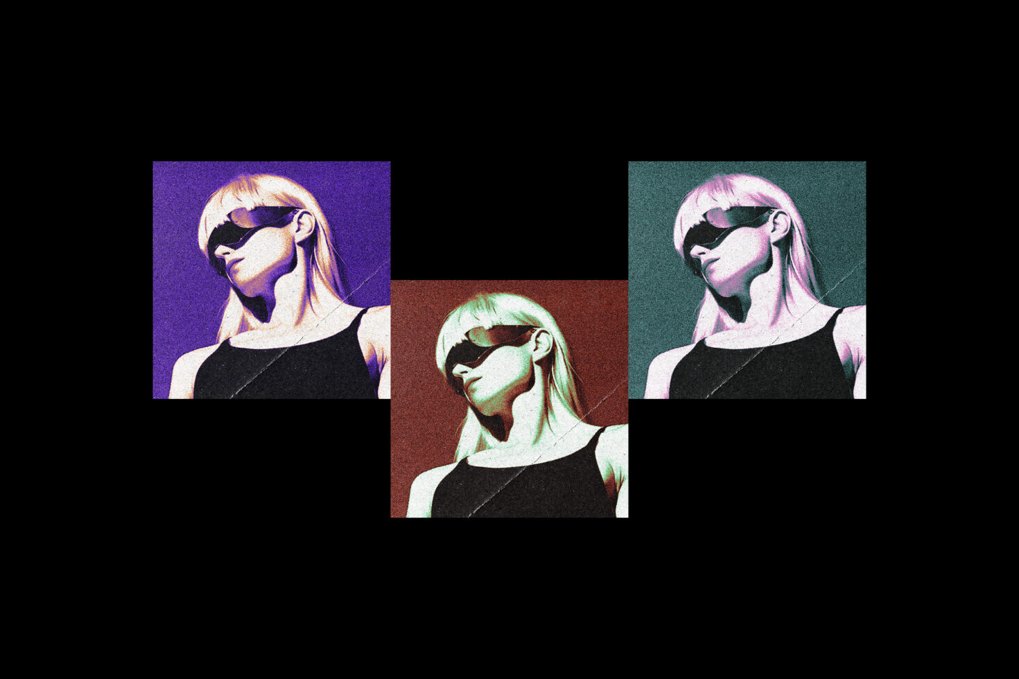 Pop art style graphic design of a person with sunglasses in three color variations purple red teal futuristic aesthetic digital asset for designers
