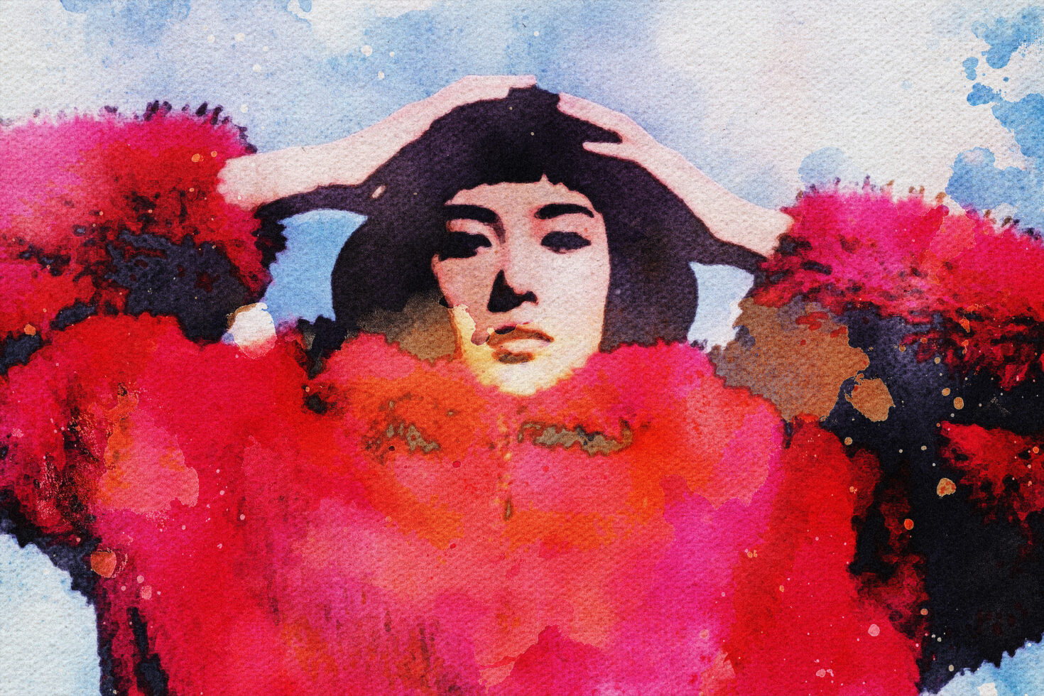 Watercolor painting of a woman in a vibrant red coat, hands on head, expressive art style, suitable for designers in Graphics category, creative inspiration.