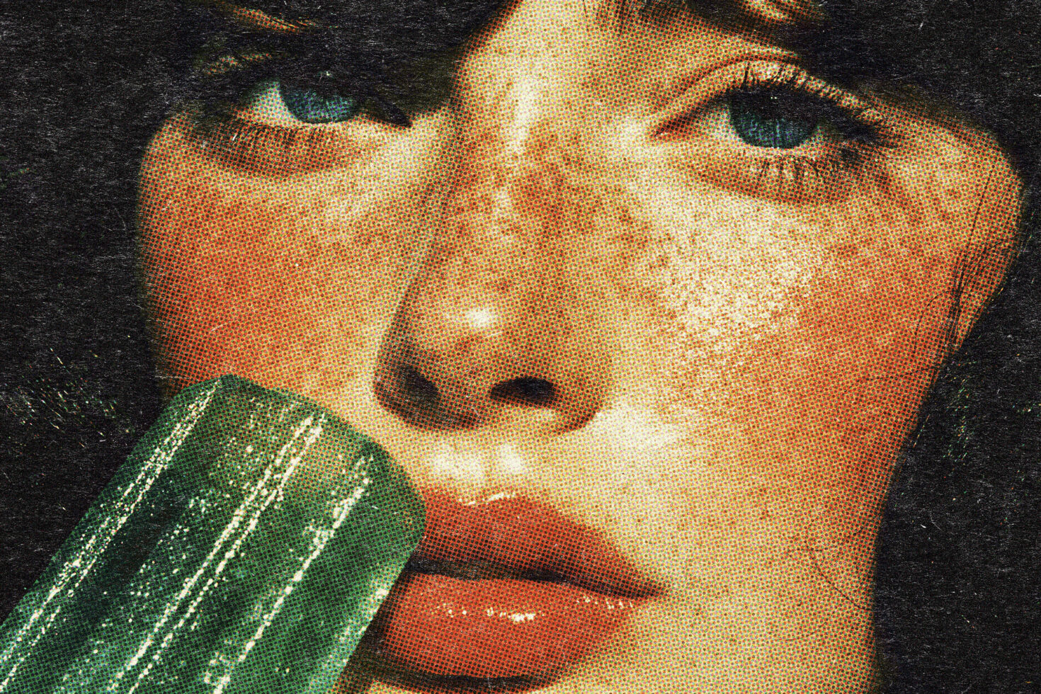 Close-up of a woman's face with freckles and blue eyes in pop art style, holding a green object. Perfect for graphic design projects and digital assets.