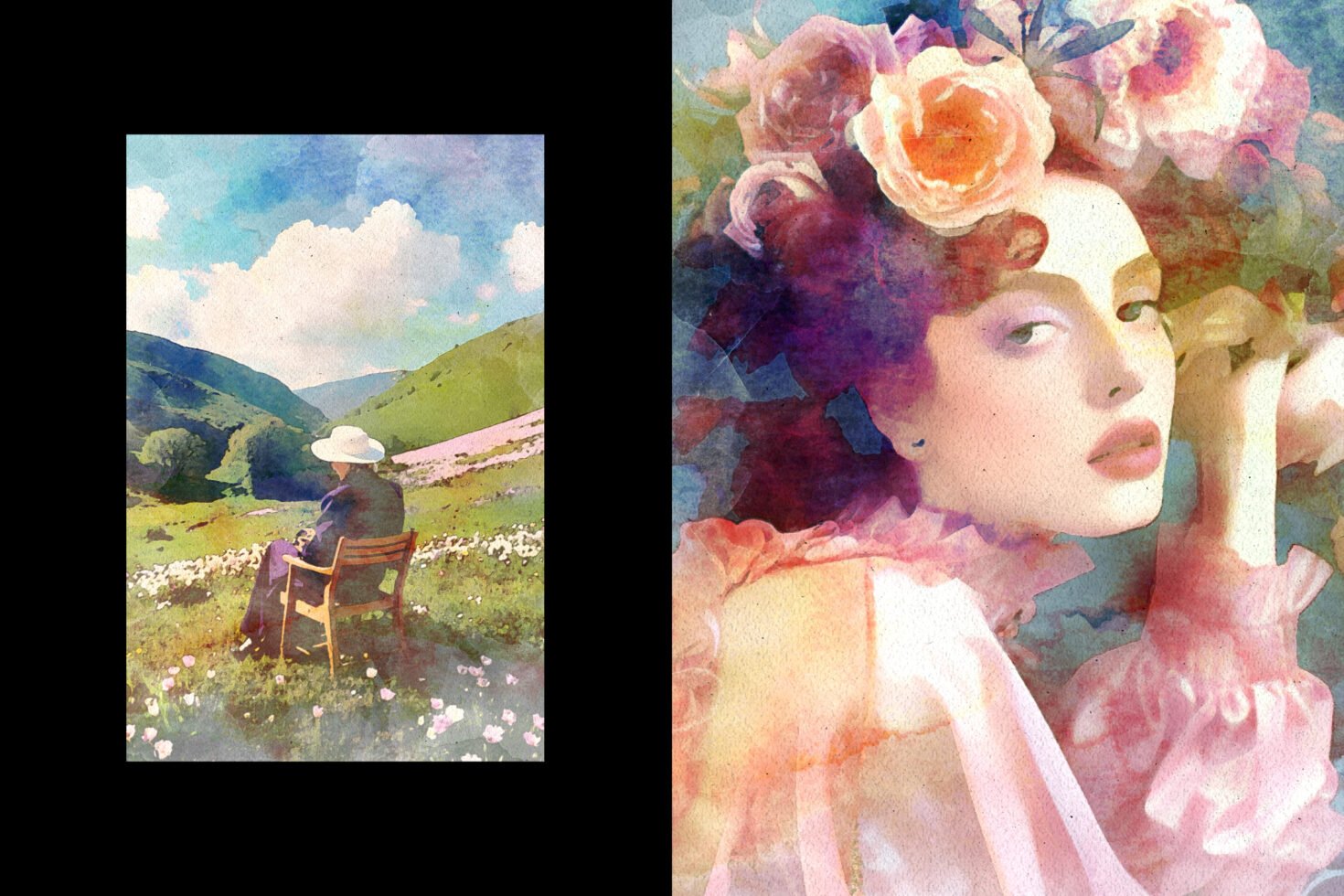 Watercolor illustration of a person in a hat seated in a flower field with mountains and a portrait of a woman in floral headwear Keywords: Graphics Template
