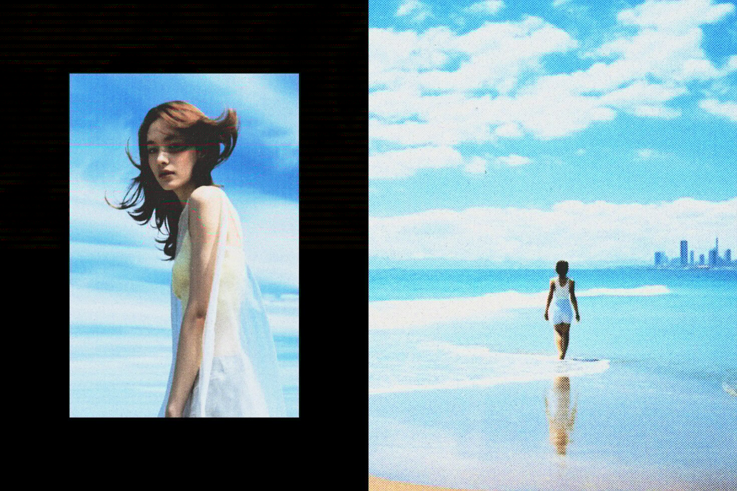 Dual image design featuring a woman on a beach and in a serene setting for designer graphics, perfect for templates or mockups, beach theme included.