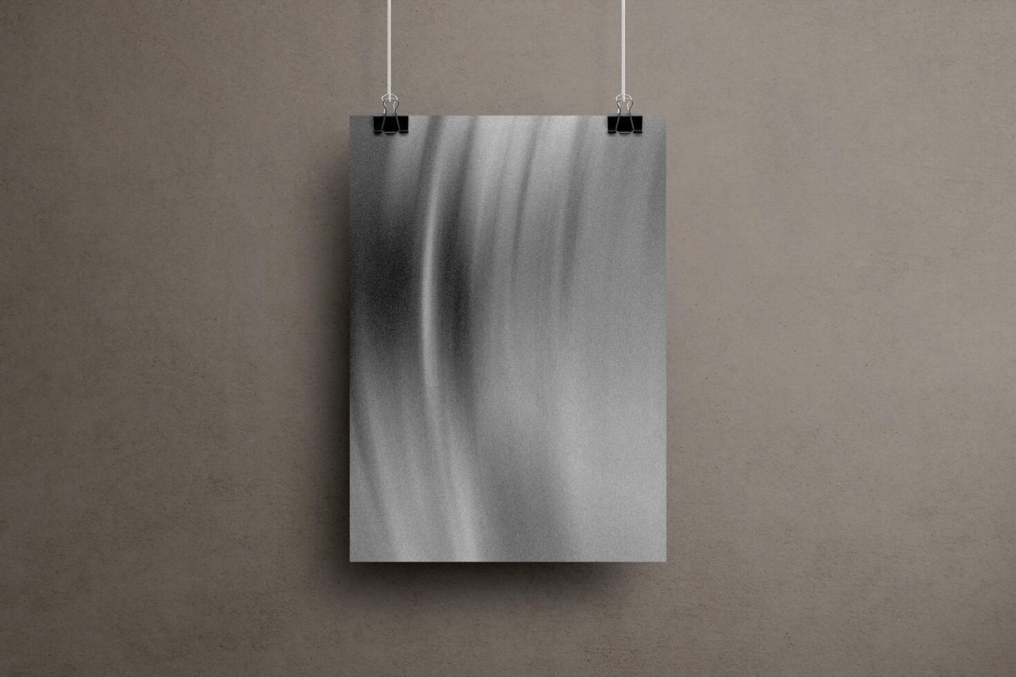 Hanging poster mockup on textured wall displaying soft grayscale gradient design ideal for branding presentations or art prints Digital assets for designers