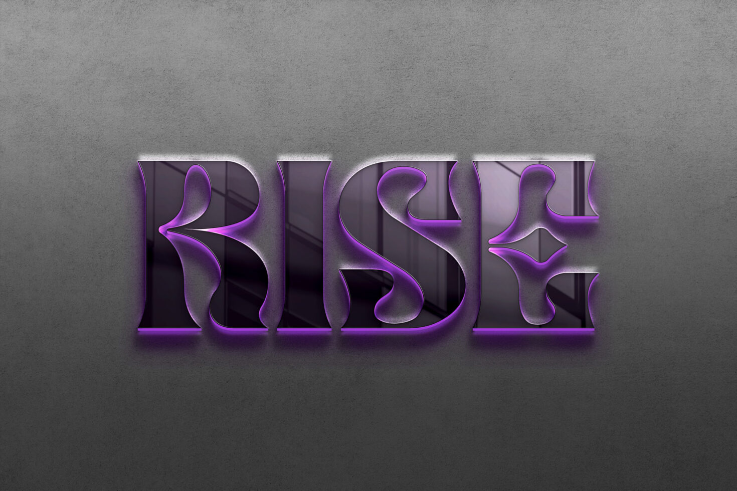 Digital artsy text RISE with purple neon glow on a textured gray background suitable for font design graphics templates designers creative marketplace