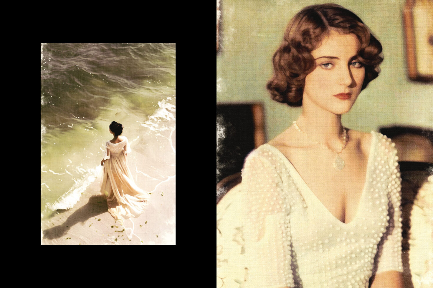 Vintage-inspired graphic with a woman in an elegant dress by the ocean and an artistic portrait, perfect for templates and digital designs.