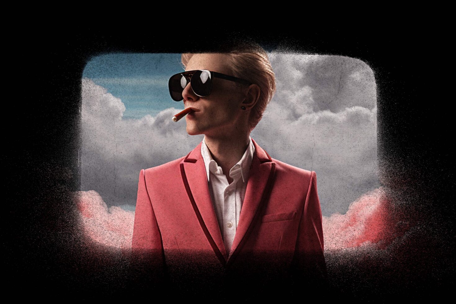 Man in pink suit with sunglasses and cigarette against cloudy sky. Vintage style photo suitable for graphic design templates or artistic mockups.