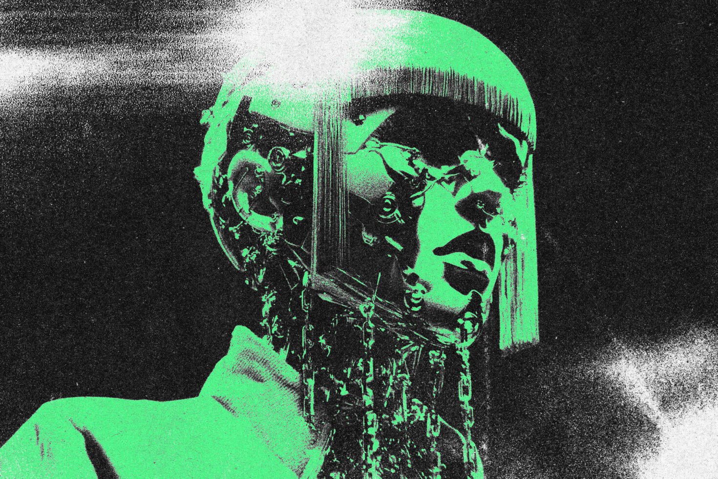 Futuristic digital artwork of a cyberpunk cyborg in neon green against a dark background ideal for graphic design projects sci-fi themes unique templates.