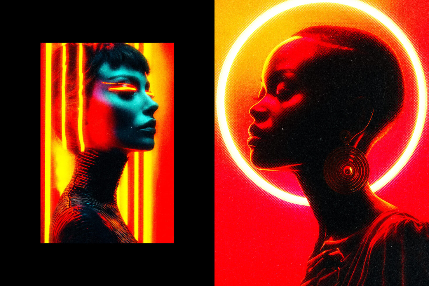 Neon portrait art showcasing two profiles with vivid red and orange lighting. Ideal for digital asset designers seeking futuristic graphic inspiration.