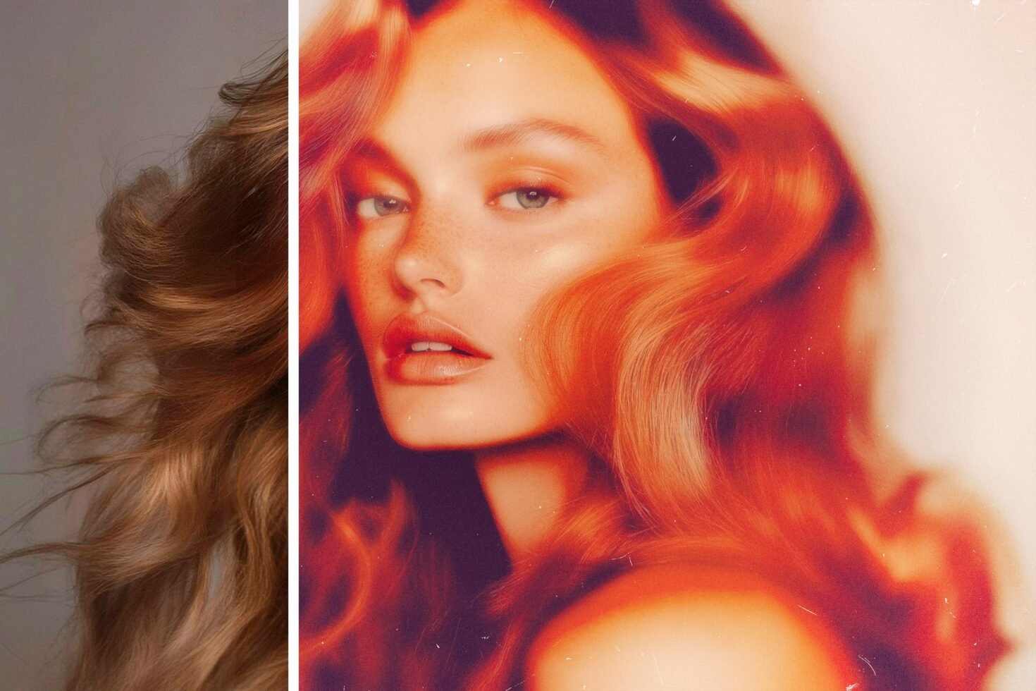 Vibrant digital portrait featuring a woman with flowing red hair and soft focus effect; ideal for design mockups or graphic design inspirations.