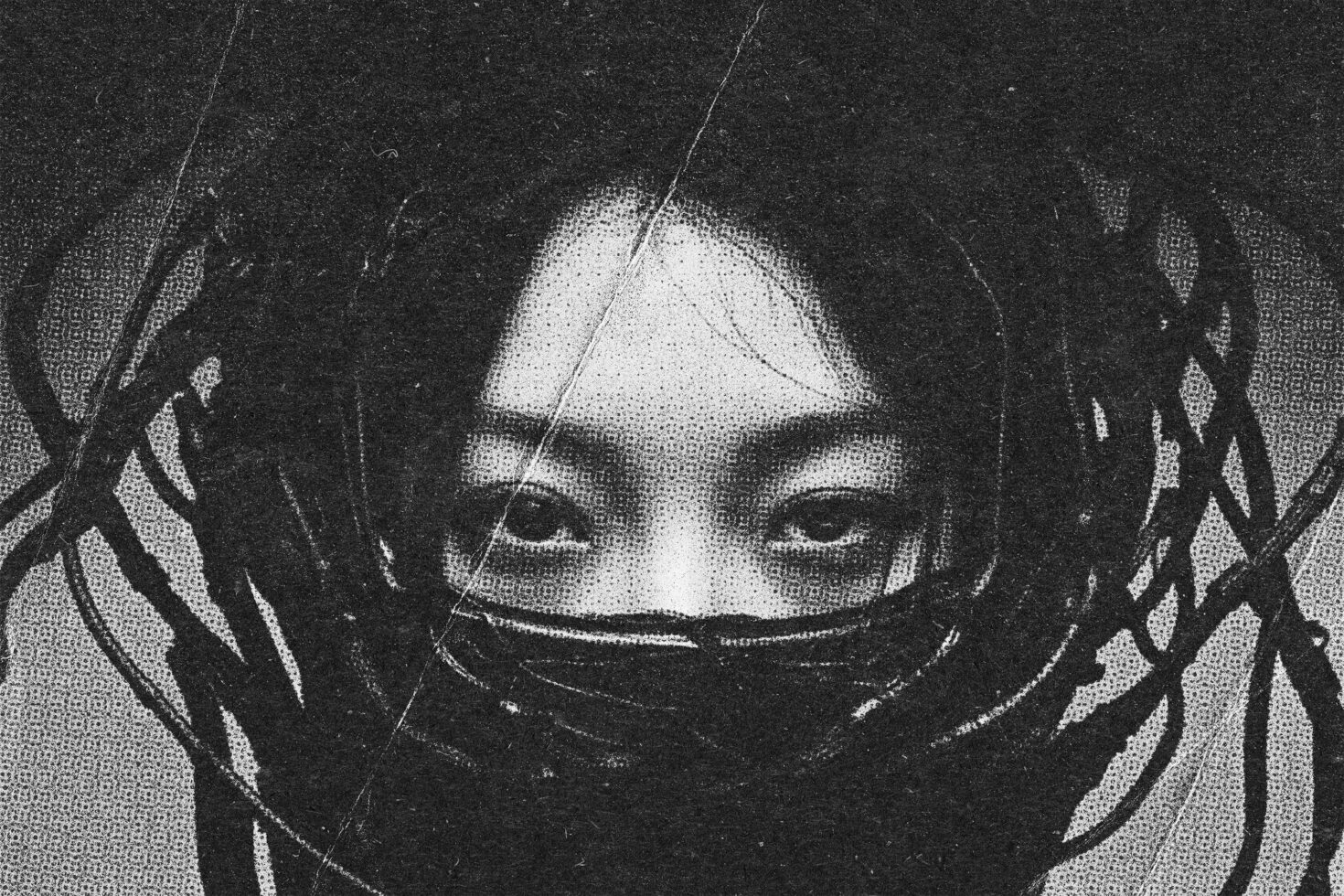 Halftone textured graphic of a woman's face surrounded by dark abstract lines suitable for digital mockups and artistic design projects.