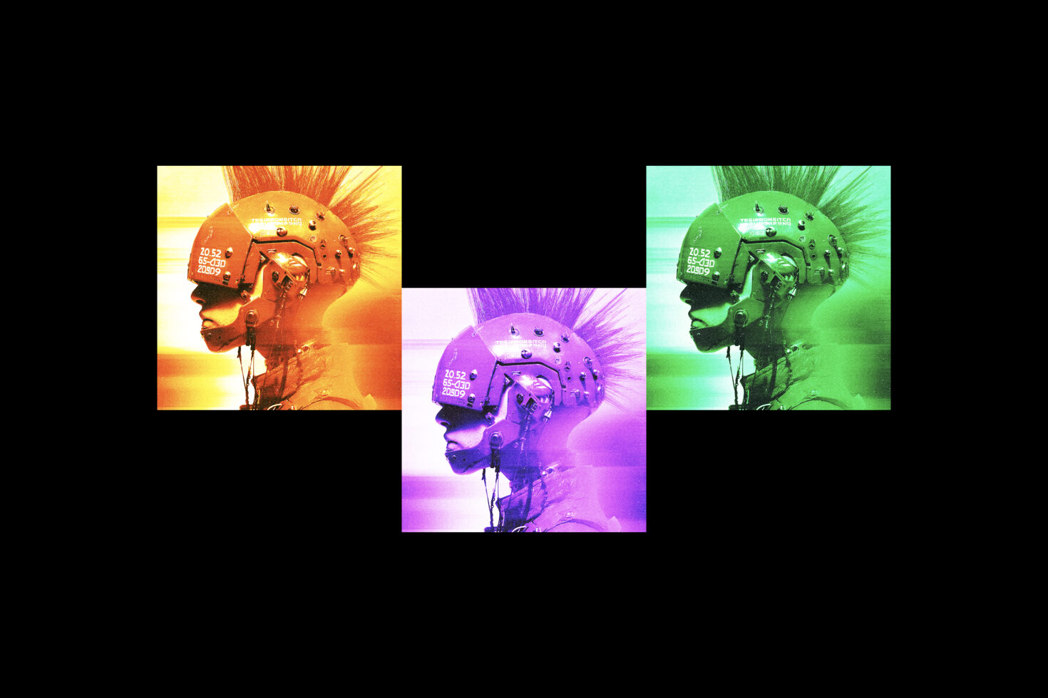 Cyberpunk graphics with three colorful helmets featuring futuristic designs in orange, purple, and green. Perfect for tech-inspired digital templates.