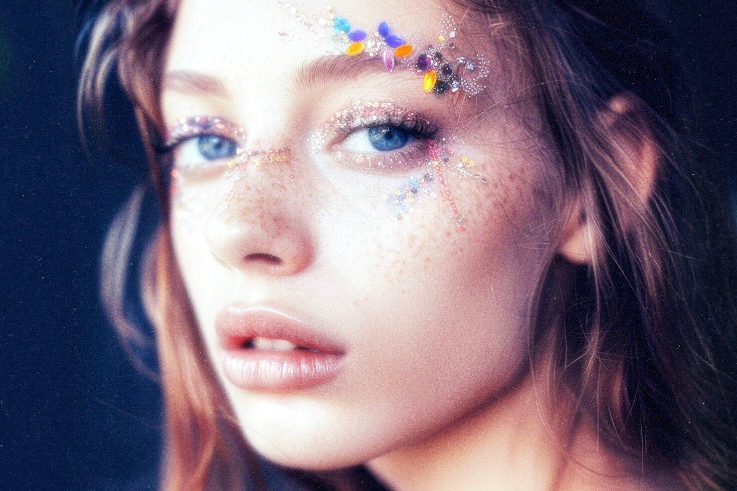 Close-up of a woman's face with intricate makeup design featuring colorful gems and glitter around her eyes perfect for creative graphic design projects.